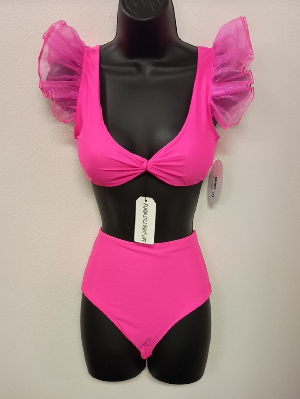High-Waist Flutter Sleeve Bikini Set - Hot Pink